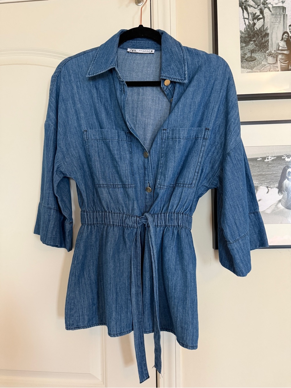 Zara Blue Denim Tie-Waist Tunic Shirt